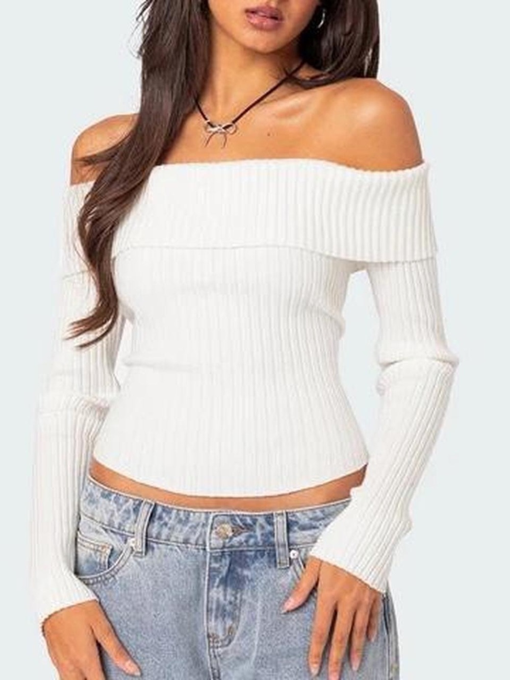 Edikted Off-Shoulder Ribbed White Long Sleeve Top